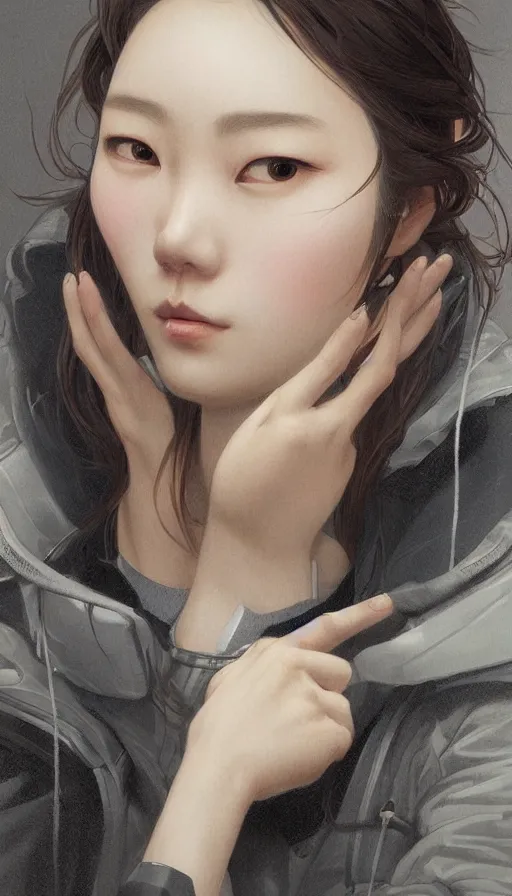 Image similar to portrait of Korean female wearing Techwear Jacket, intricate, elegant, highly detailed, digital painting, artstation, concept art, smooth, sharp focus, illustration, art by artgerm and greg rutkowski and alphonse mucha