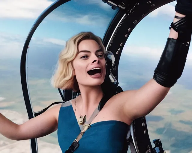 Prompt: a photo of margot robbie in the air jumping from a helicopter, hyper realistic faces, beautiful eyes, cinematic, long shot, hyper detailed, 8 5 mm photograph, 8 k resolution, film still, sharp lens, wide lens