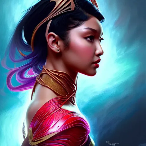 Image similar to nadine lustre as darna, volumetric lights, red and cyan theme, art nouveau botanicals, intricate, highly detailed, digital painting, artstation, concept art, smooth, sharp focus, cinematic, illustration, beautiful face, art by artgerm and greg rutkowski and alphonse mucha