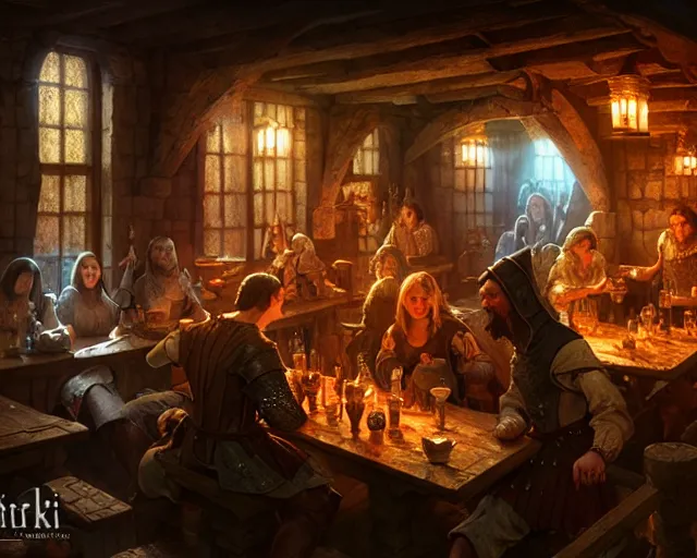 Image similar to a medieval tavern, beautiful, detailed, realistic detailed patrons, dark, concept art illustration, color page, tone mapping, akihiko yoshida, james jean, andrei riabovitchev, marc simonetti, digital illustration, greg rutowski, volumetric lighting, sunbeams, particles