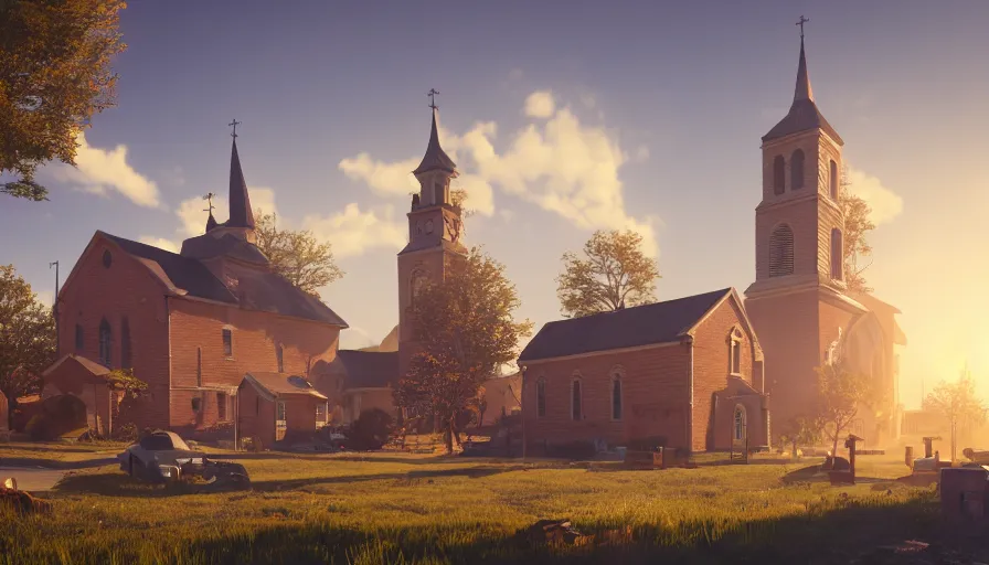 Prompt: midwest town with church, square, trees, sunny day, volumetric light, hyperdetailed, artstation, cgsociety, 8 k
