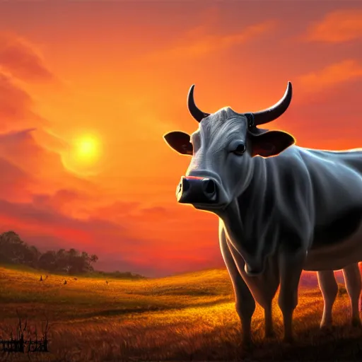 Image similar to fantasy cow looking at sunset, high detail, fantasy art, concept art, 4 k, ultra detail, computer art