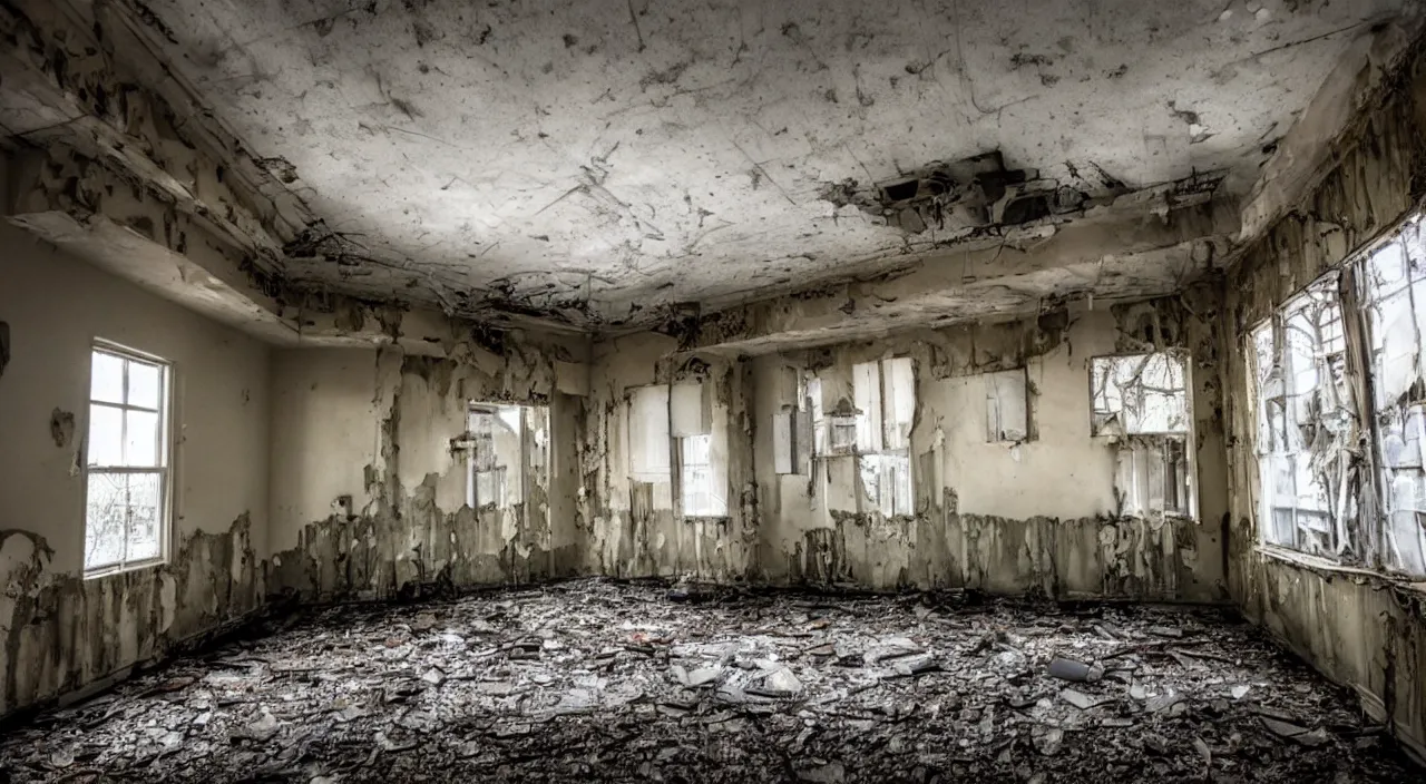 Prompt: photograph of the inside of a rotting abandoned hospital with a checkered floor and no windows, horror movie set