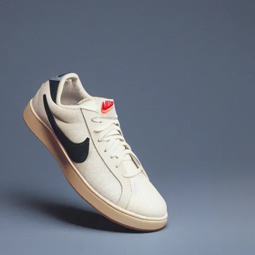 Image similar to a studio photoshoot of Nike low top tennis sneakers designed by Tom Sachs, cream leather with knitted mesh material, gum rubber outsole, realistic, color film photography by Tlyer Mitchell, 35 mm, graflex