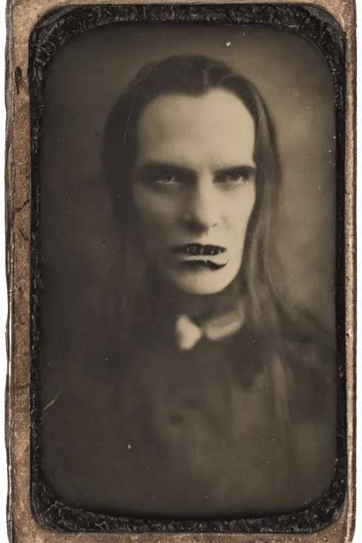 Prompt: a tintype photograph of a vampire