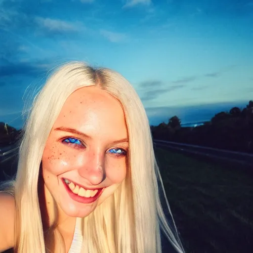 Image similar to beautiful selfie of a cute thin young woman smiling smugly, long light platinum blonde hair, flushed face, small heart - shaped face, cute freckles, light blue eyes, golden hour, 8 k, instagram