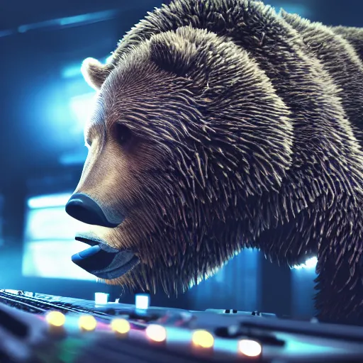 Image similar to a cyborg grizzly bear dj mixing records on stage, photorealistic, highly detailed, illustration, lifelike, highly detailed, intricate, octane render, sharp focus, cyberpunk