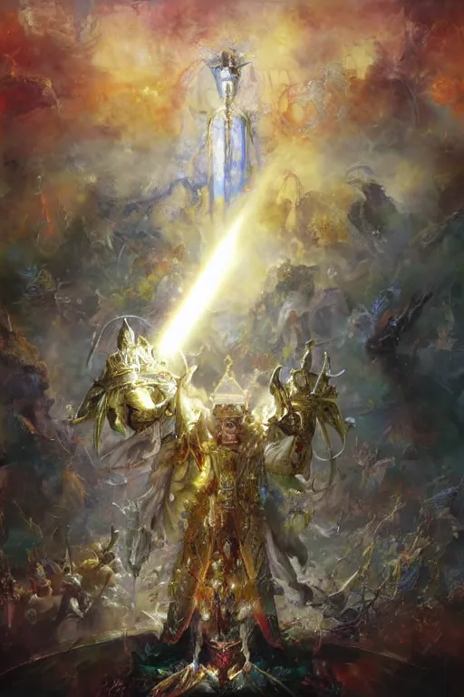 Prompt: the emperor of mankind is the light and the way, and all his actions are for the benefit of mankind, which is his people., by ryohei hase, by john berkey, by jakub rozalski, by john martin