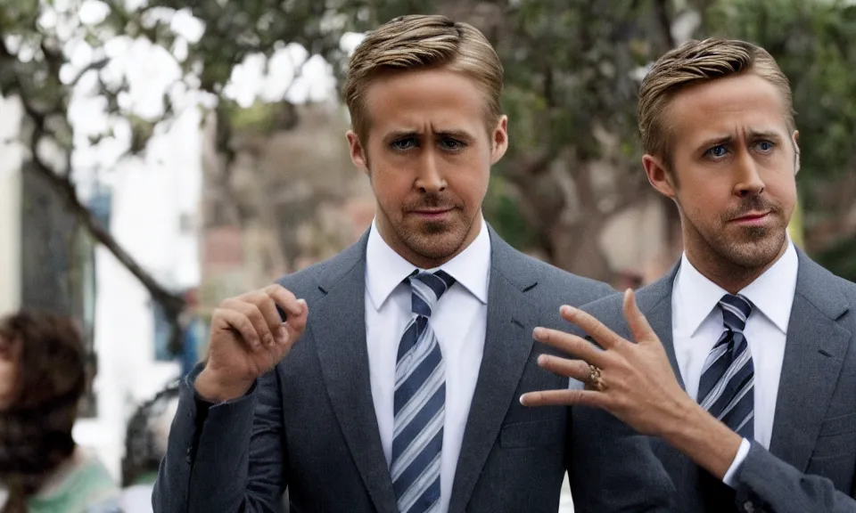 Image similar to A still of Ryan Gosling as Obama, biographical film