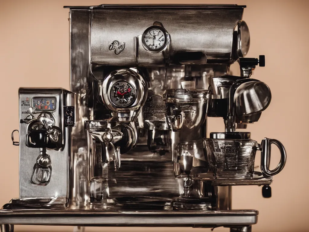 Image similar to wide angle by simon stalenhaag, photography of a historic coffee machine, by louis daquerre, product photography, small depth of field, fresh colors, 4k, highly detailed, trending on artstation