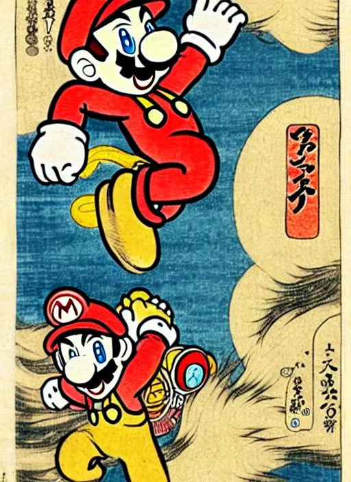 Prompt: super mario as a yokai illustrated in the style of kawanabe kyosai and toriyama sekien