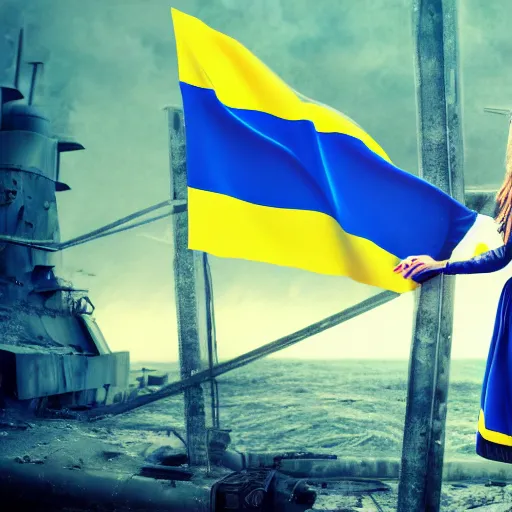 Image similar to ukrainian girls with ukrainian flag near big ruined warship, happy, concept art, trending on artstation, highly detailed, intricate, sharp focus, digital art, 8 k