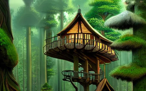 Prompt: an intricate treehouse in a dense forest in the realistic detail style of studio Ghibli, 4k, cinematic lighting