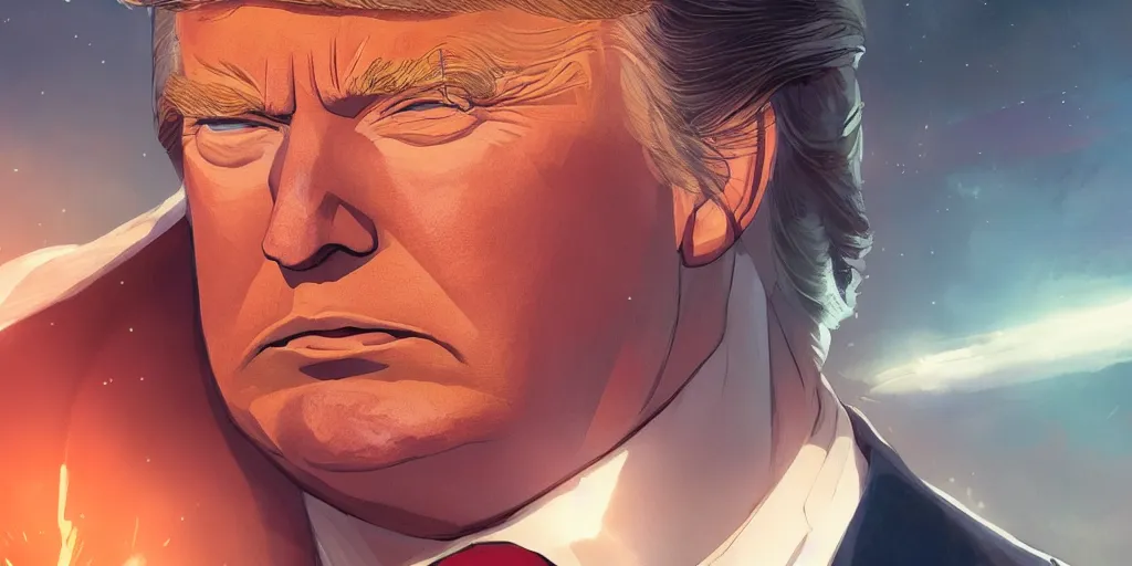 Image similar to donald trump as superman, studio portrait, detailed face close - up, art by makoto shinkai, studio ghibli, greg rutkowski, wlop, artgerm, highly detailed, 4 k, digital art, high quality