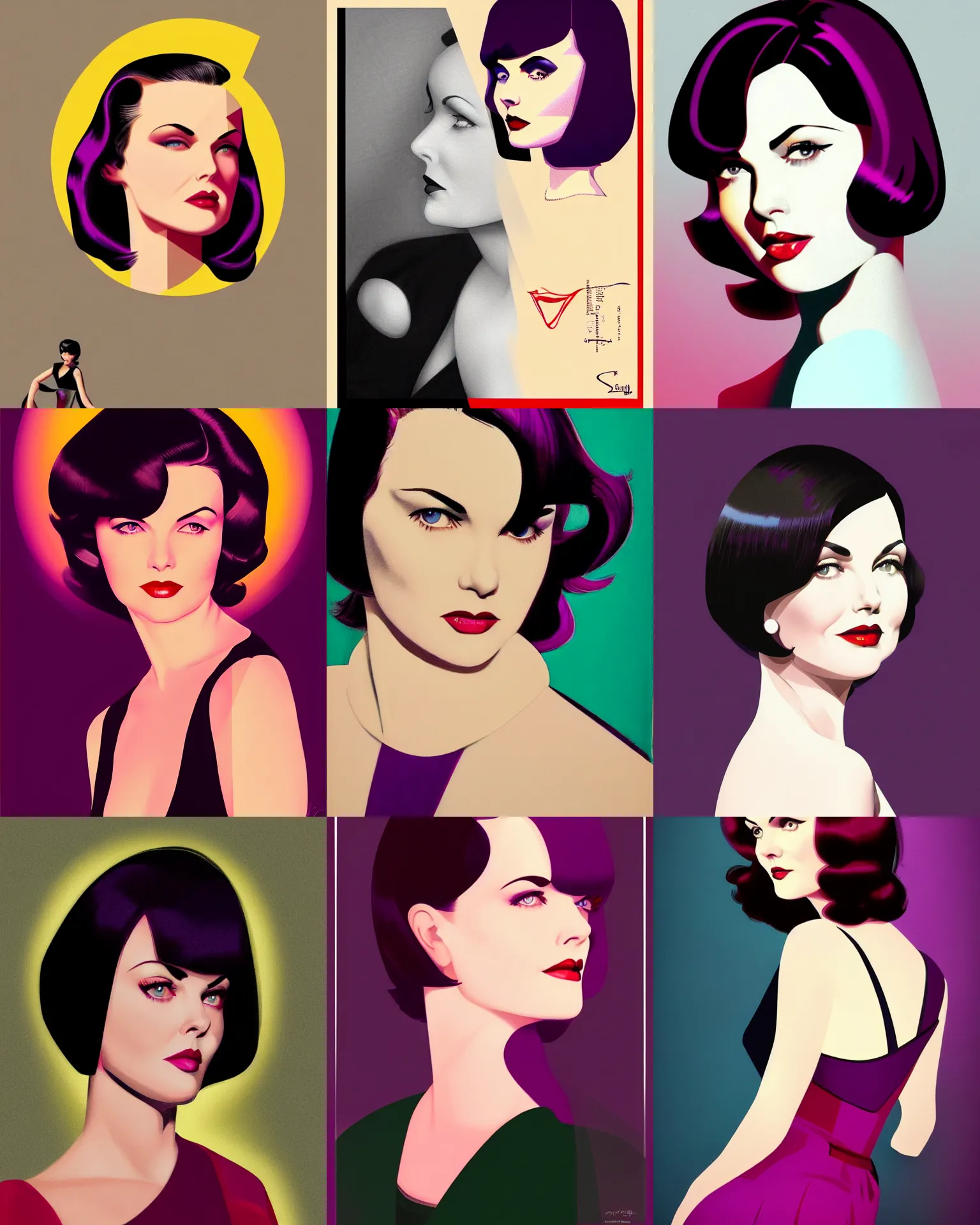 Prompt: sherilyn fenn 2 6 years old combined with mary louise brooks, bob haircut, portrait by stanley artgerm, dramatic lighting, ilya kuvshinov, trending on artstation, flat colour, geometric curves, gradient filter, red and purple and yellow back light, art deco pattern