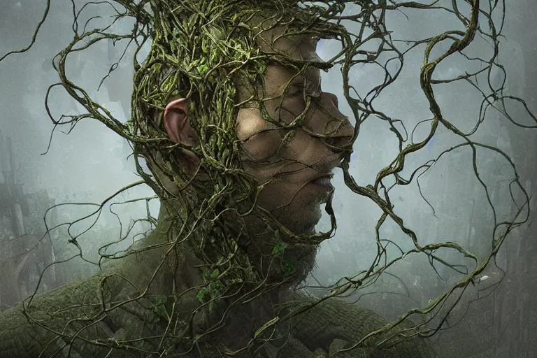 Image similar to an extremely high quality hd, a digital painting of a man with a head full of vines, cyberpunk art by beksinski, featured on zbrush central, fantasy art, apocalypse art, artstation hq, zbrush, 8 k, ultra realistic, very realistic