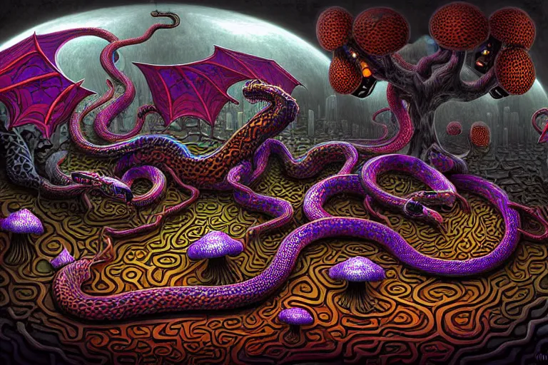Prompt: a detailed digital art painting of a cyberpunk magick oni dragon with occult futuristic effigy of a beautiful field of mushrooms that is a adorable leopard atomic latent snakes in between ferret biomorphic molecular hallucinations in the style of escher, alex grey, stephen gammell inspired by realism, symbolism, magical realism and dark fantasy, crisp, ornate