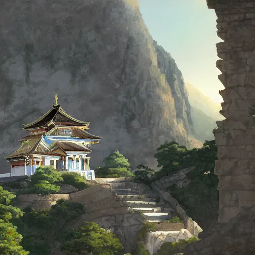 Image similar to concept art painting of a white marble temple on top of a mountain, with greek and japanese architecture, overlooking a valley with a village below, realistic, detailed, cel shaded, in the style of makoto shinkai and greg rutkowski and albert bierstadt and james gurney