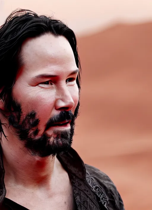 Image similar to close - up keanu reeves as a jedi, a red sand desert, moody lighting, 8 k, shallow depth of field, intricate detail,