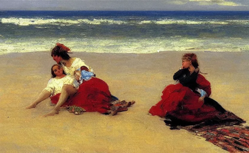 Image similar to high quality high detail painting by ilya repin, a couple sitting on a beach, hd