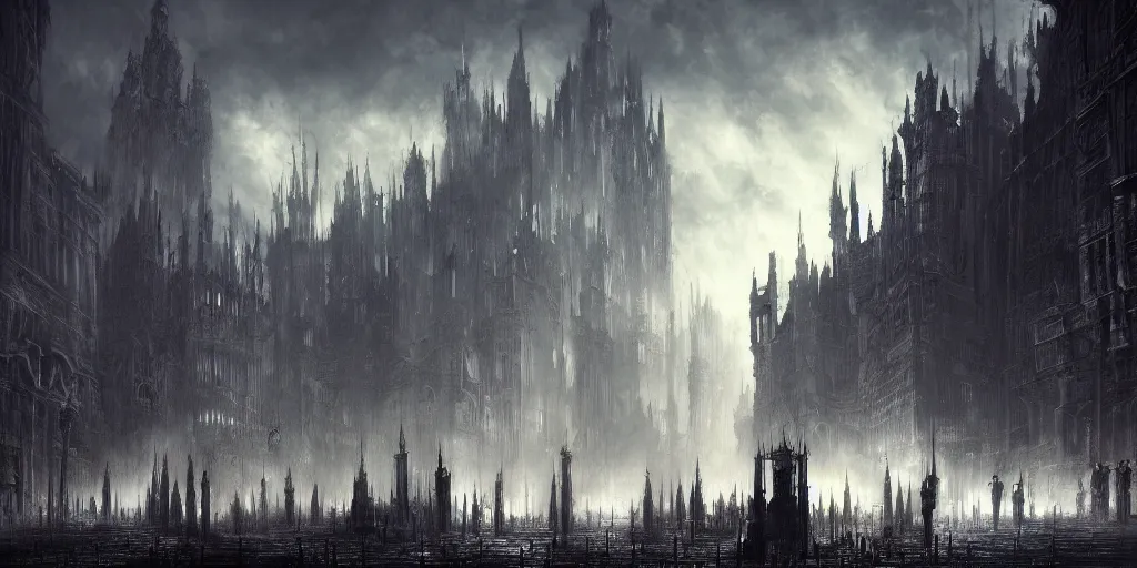 Image similar to a huge crowded megacity in the style of bloodborne, dark souls, demon souls, gothic art, dark fantasy, concept art, digital painting, volumetric lighting, trending on art station, evening time, warm sun light, god rays, highly detailed