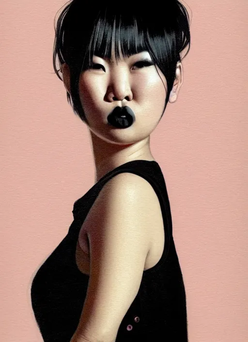 Image similar to portrait of a plump asian woman with a crooked nose and a confident expression, 1 9 6 0 s, black clothes, goth, punk, brightly coloured hair, funk, intricate, elegant, highly detailed, digital painting, artstation, concept art, smooth, sharp focus, illustration, art by wlop, mars ravelo and greg rutkowski