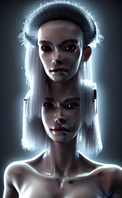 Image similar to intricate hyper detailed ultra sharp 3 d render of a beautiful smooth porcelain fascinating cyberpunk woman portrait, medium shot portrait, beautiful natural bright light, alexandre ferra mecha, haute couture, cyberpunk black shining armor, art nouveau, octane render, volumetric cinematic lighting, 8 k, vray tracing