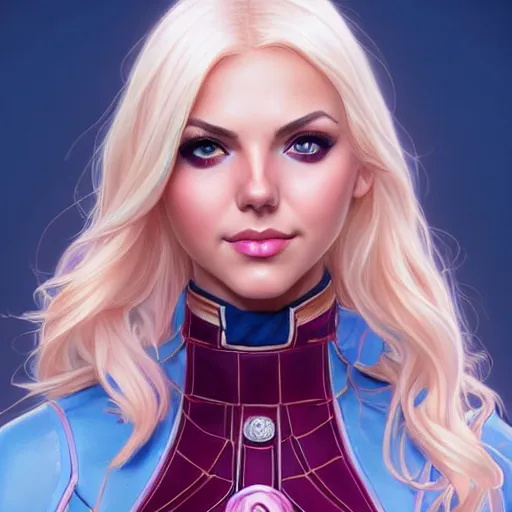 Prompt: Blonde Victoria Justice with light blue eyes as Gwenpool, western, D&D, fantasy, intricate, elegant, highly detailed, digital painting, artstation, concept art, matte, sharp focus, illustration, art by Artgerm and Greg Rutkowski and Alphonse Mucha