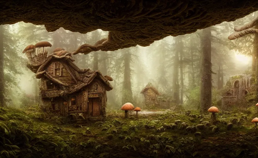Prompt: A mushroom house in a mushroom, warm light coming from the windows, in a dark forest, macro, cool tones, underexposed, overecast, mysterious matte painting by greg rutkowski and marc simonetti and Ivan Shishkin, 4k