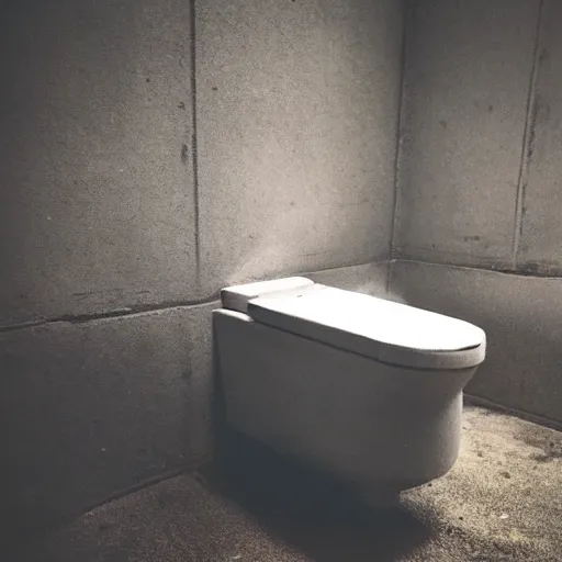 Prompt: tiny modern concrete toilet, in the wood, mist, analogue photo quality, blur, unfocus, film grain, blue color bleed, old paper printing