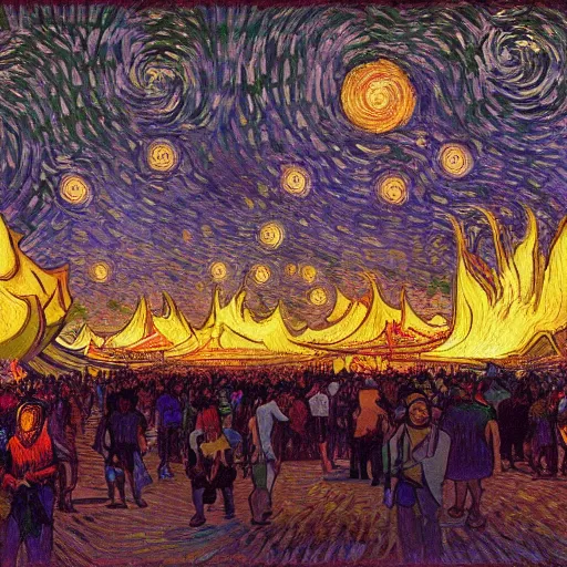 Prompt: burning man festival view, people hanging out in the night, massive wooden sculpture burning in front of the picture, van gogh style sky, digital painting, detailed hi - res, created by nicholas roerich and alphonse mucha