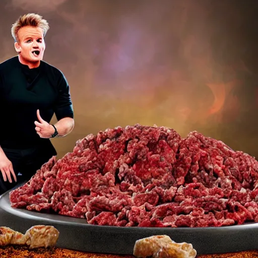 Prompt: Gordon Ramsey screaming at a giant pile of ground beef, photo, reality tv show lighting