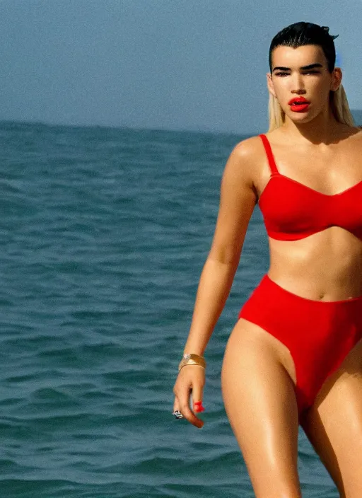 Prompt: a film still of dua lipa as pamela anderson in baywatch. cinematic.