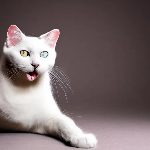 Image similar to A photograph of a white cat with black fur around her eyes sticking tongue out, looking at camera, warm lighting, cute, playful