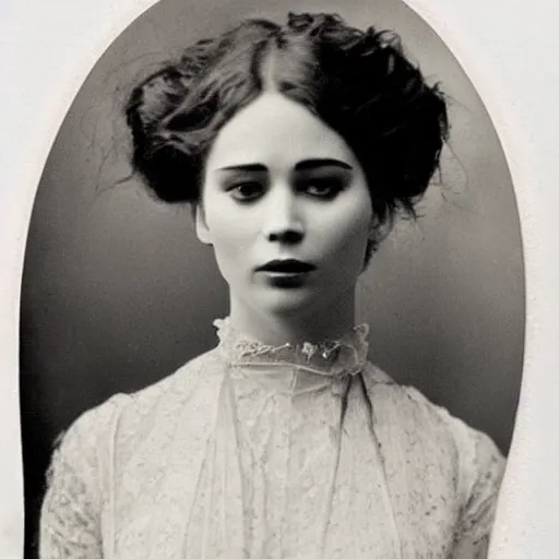 Image similar to victorian photograph of a mix of jennifer lawrence and lilly collins, 1 8 9 0 s photography, 1 9 0 0, realistic face, symmetrical face, studio photograph, grainy, edwardian, old photo