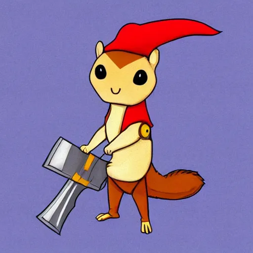 Prompt: a squirrel with thor outfit ~ holding his hammer ~ dramatic thunder background ~ trending ~