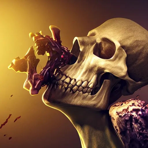 Image similar to dramatic render of a decomposing zombie skull radiating with energy, cgsociety, artstation, 4k