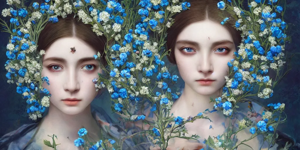 Image similar to breathtaking detailed concept weird art painting portrait of the goddess of nemophila flowers, orthodox saint, with anxious piercing eyes, ornate background, amalgamation of leaves and flowers, by hsiao - ron cheng, extremely moody lighting, 8 k