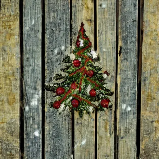 Prompt: medieval inky cracked picket fence shield with a christmas tree on it, tattered fabric texture