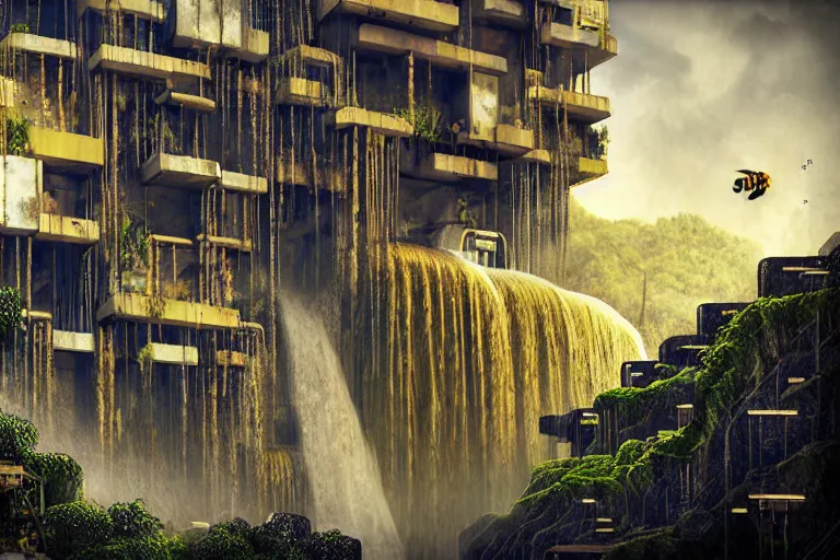 Image similar to brutalist waterfall favela honeybee hive, art nouveau environment, magma, industrial factory, award winning art, epic dreamlike fantasy landscape, ultra realistic,