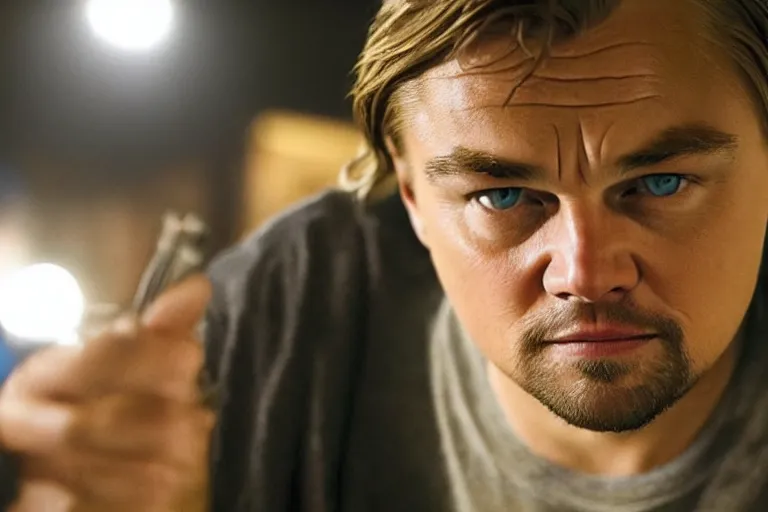 Image similar to close-up of Leonardo DiCaprio as a drug addict in abstinence in the new movie directed by Gaspar Noé, movie still frame, promotional image, symmetrical shot, idiosyncratic, relentlessly detailed, limited colour palette