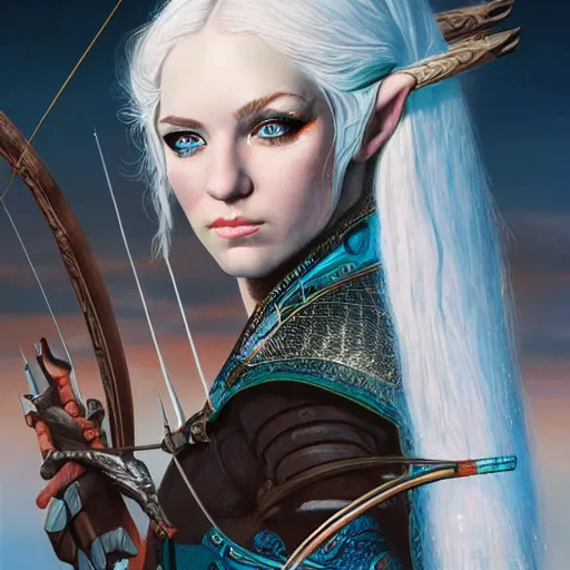 Prompt: detailed photo of elven archer girl, white hair, blue eyes, beautiful, 8 k, by tristan eaton, stanley artgermm, tom bagshaw, greg rutkowski, carne griffiths, trending on deviantart, hyper detailed, glorious lighting, epic environment