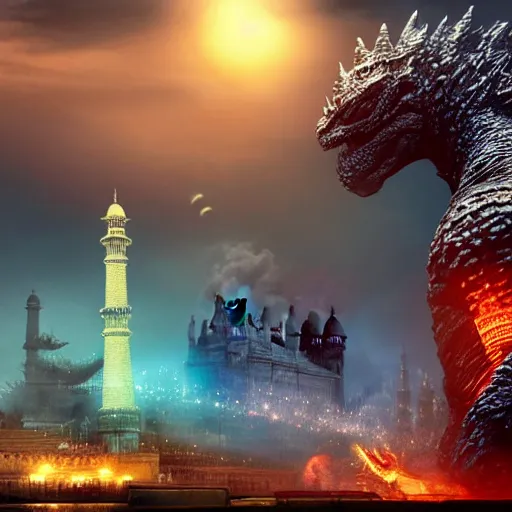 Image similar to godzilla near taj mahal, majestic, breathtaking, lightining in background, ultrafine hyperrealistic detailed illustration by kim jung gi, irakli nadar, intricate linework, sharp focus, bright colors, matte, film still from godzilla king of monsters, final fantasy, unreal engine highly rendered, 8 k, global illumination, radiant light, intricate environment