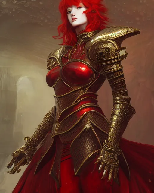 Prompt: redhead queen knight in heavy red armor, inside grand hall in castle with rococo aesthetic, intimidating, high fantasy, intricate detail, digital painting, artstation, concept art, smooth, sharp focus, illustration, art by yoshitaka amano and monia merlo and wlop, masterpiece.