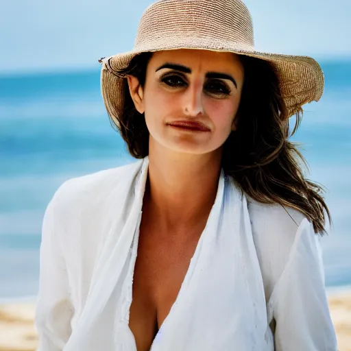 Prompt: a portrait of penelope cruz in a beach, sigma 8 5 mm f / 1. 4