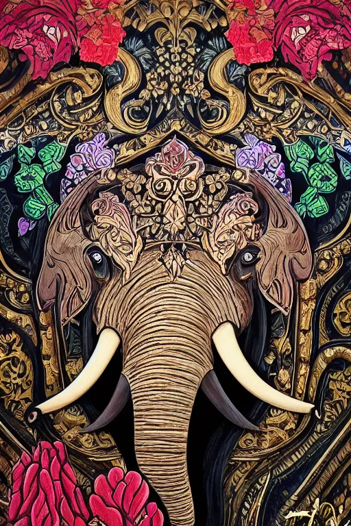 Image similar to Painted dark-wood panel relief carving of a close up of a Flowerpunk Matriarch Elephant, ornate border frame, explosion of colorful flowers, dark wood, intricately carved, black ink, festival of rich colors, intricate details, cinematic lighting, volumetric lighting, post-processing, art nouveau, by andreas rocha and john howe, and Martin Johnson Heade, featured on artstation, featured on behance, golden ratio, hyper detailed, photorealistic, epic composition, center spotlight, f32, well composed, symmetrical, UE5, 8k