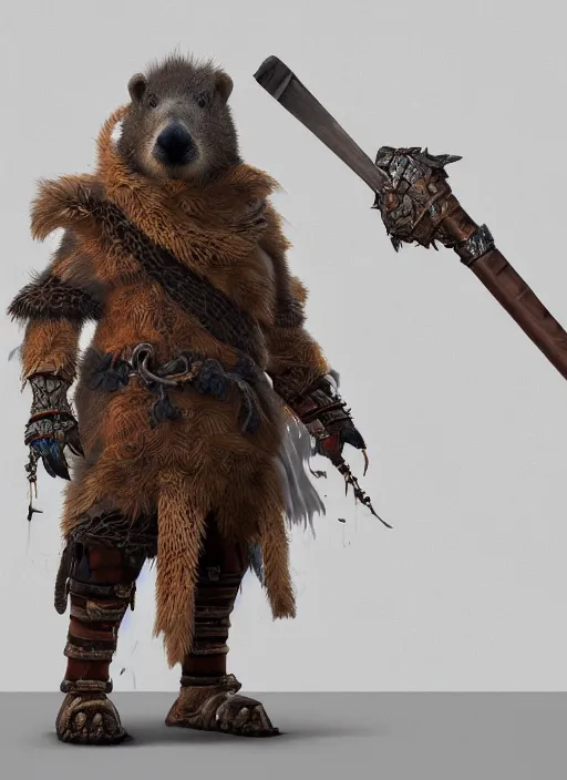Prompt: detailed full body concept art illustration, oil painting on canvas of an anthropomorphic capybara barbarian in full intricate clothing, biomutant, dystopian, micro detail, octane render, 4K