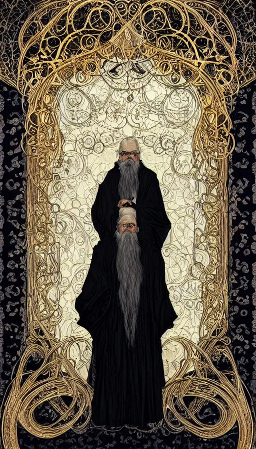 Image similar to one old man with white beard wore a black cloak, a black cloak and a white beard, highly detailed, very intricate, art nouveau, gold filigree, left right symmetry, tarot concept art watercolor illustration by mandy jurgens and alphonse mucha and alena aenami, featured on artstation