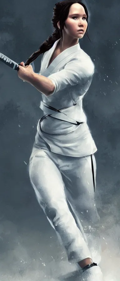 Image similar to katniss everdeen as a karate black belt, wearing a white gi, digital portrait by greg rutkowski, intricate, sharp focus, cinematic, epic, artstation