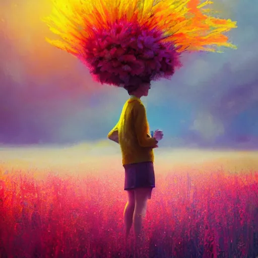 Prompt: girl with an blooming flower face, surreal photography, dream, standing in flower field, hills, valley, forest, sunrise dramatic light, impressionist painting, colorful clouds, artstation, simon stalenhag